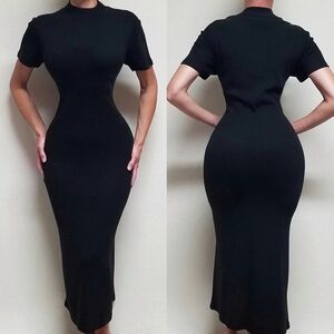 Retro Y2K Plaza South Vintage Black Short Sleeve Mock Neck Maxi Sweater Dress S